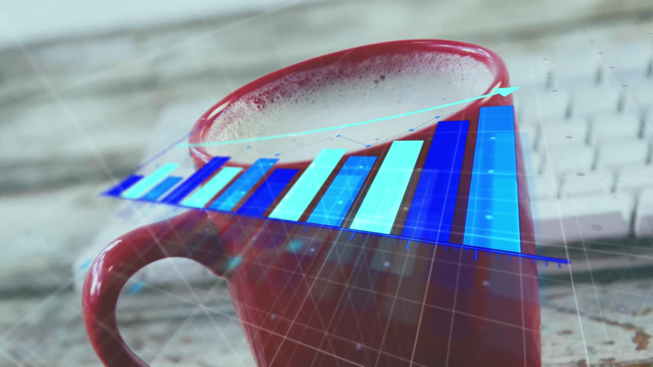 animación de flecha en gráfico de barra en crecimiento sobre leche en taza y teclado en mesa de madera
