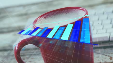 Animation-Eines-Pfeils-Auf-Einem-Wachsenden-Balkendiagramm-über-Milch-In-Einer-Tasse-Und-Einer-Tastatur-Auf-Einem-Holztisch