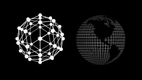 digital animation of globe of network of connections and globe icon spinning on black background