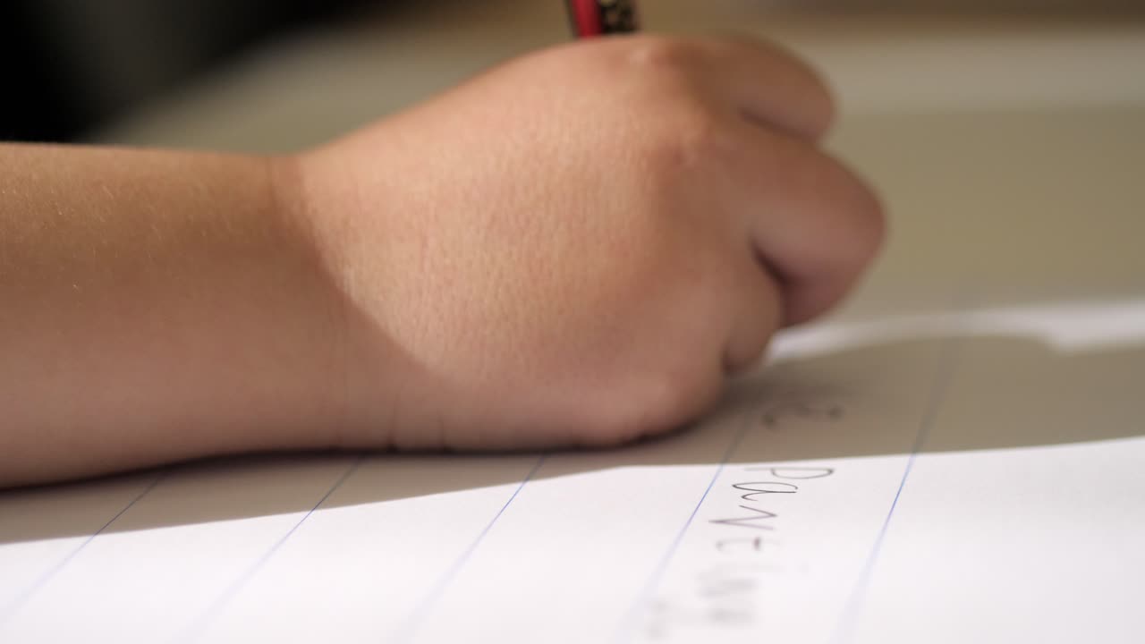 primer plano, niño aprendiendo a escribir con lápiz y papel