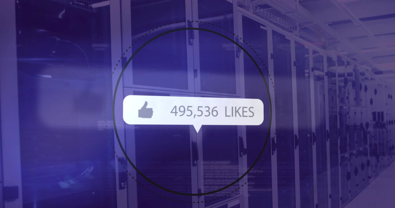 Animation of social media likes notification and data processing over computer server room
