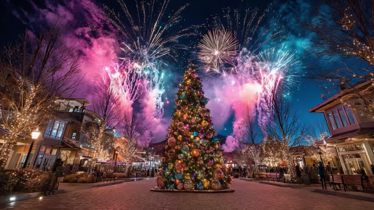 A Stunning Celebration of Winter Holiday Cheer with a Vibrant Christmas Tree Surrounded by Spectacular Fireworks and Sparkling Lights in a Festive Atmosphere