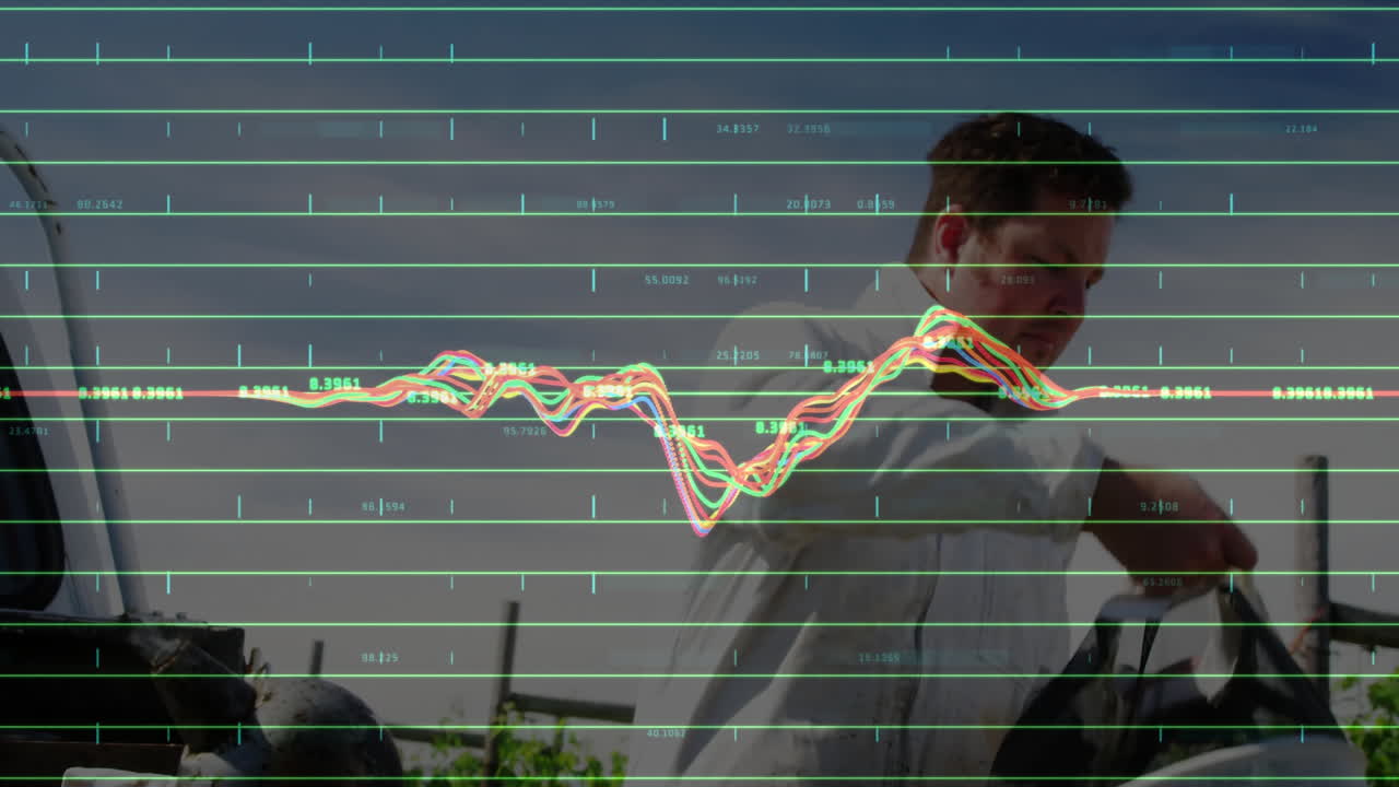 Animazione di analisi di dati finanziari su persona in tuta protettiva che lavora all'aperto