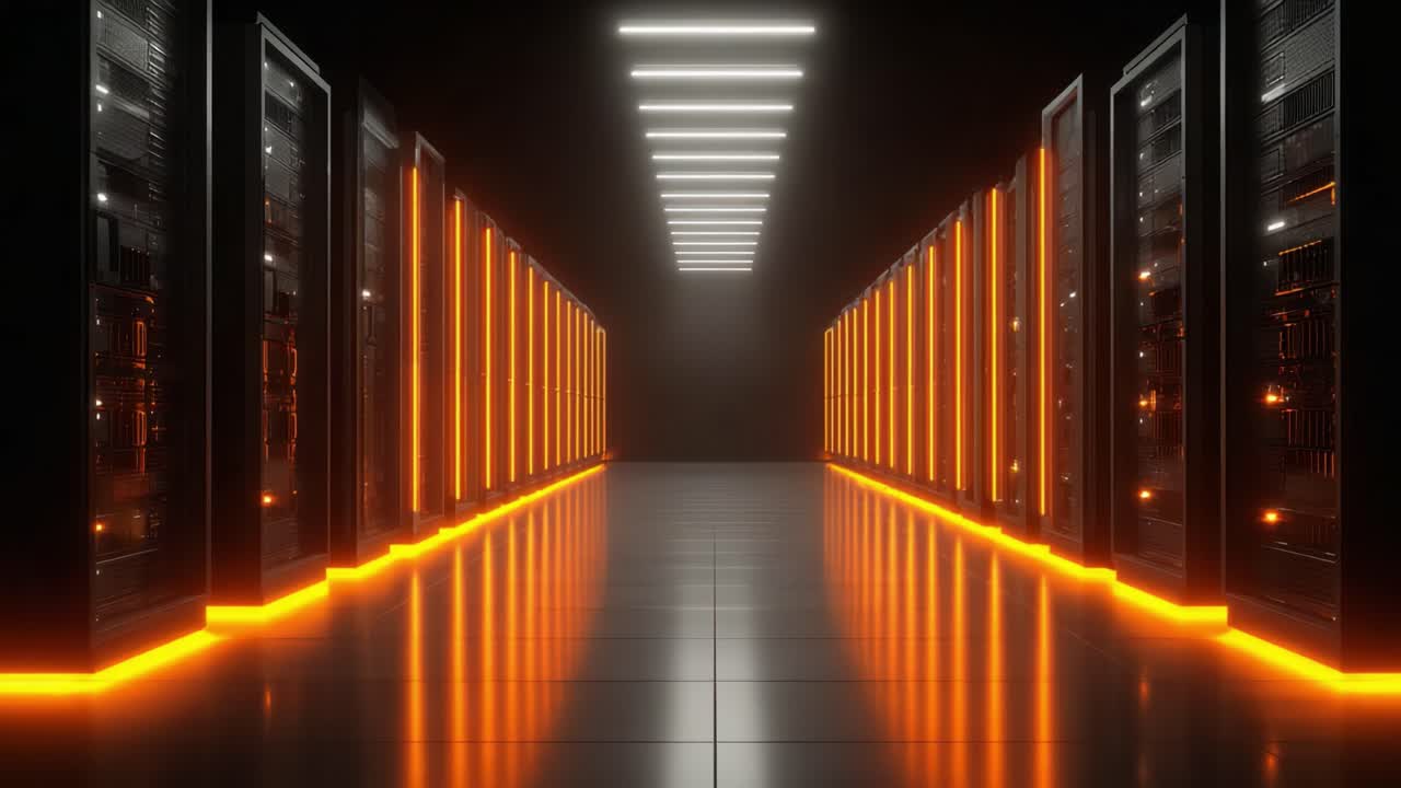 A Futuristic Data Center Environment with Illuminated Server Racks Creating a High-Tech Atmosphere and a Pathway of Light Leading into the Unknown