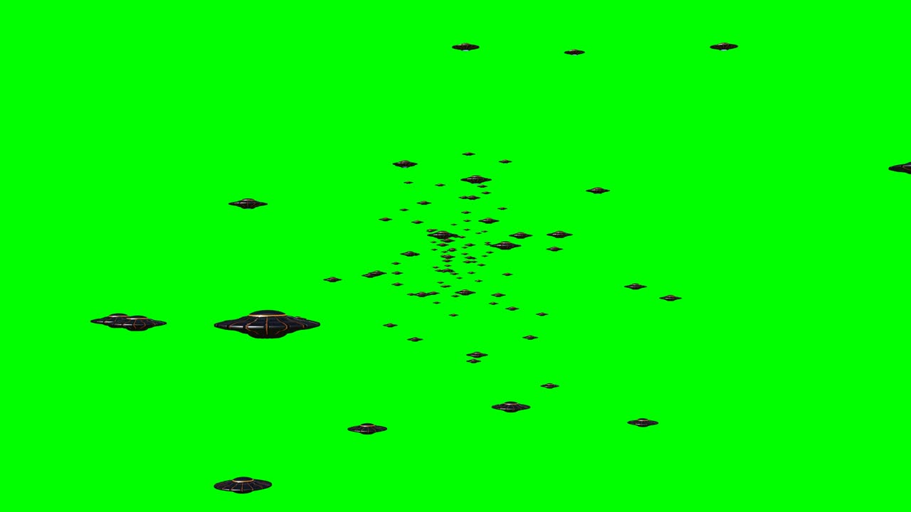 ufo, 회전하는 날아다니는 접시의 무리, 초록색 스크린 배경에 고립 된 외계 우주선, 4k 루프