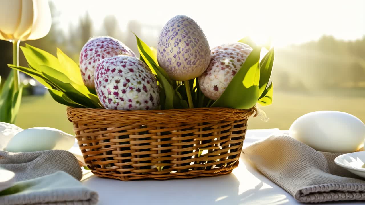 Easter Table Setting with Flowers and Eggs
