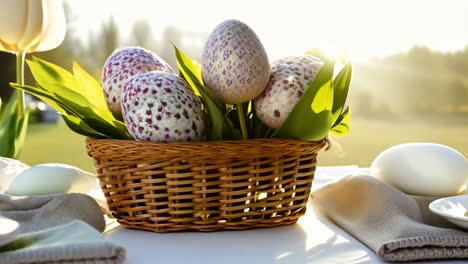 easter table setting with flowers and eggs