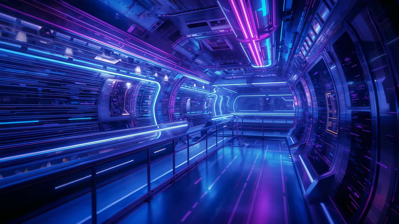 Panning through neon-lit corridor revealing shifting light strips, safety railing, ribs, modules