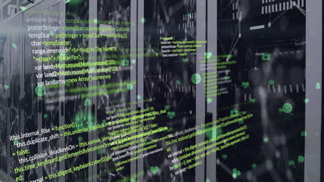 animación del procesamiento de datos y formas sobre la sala del servidor