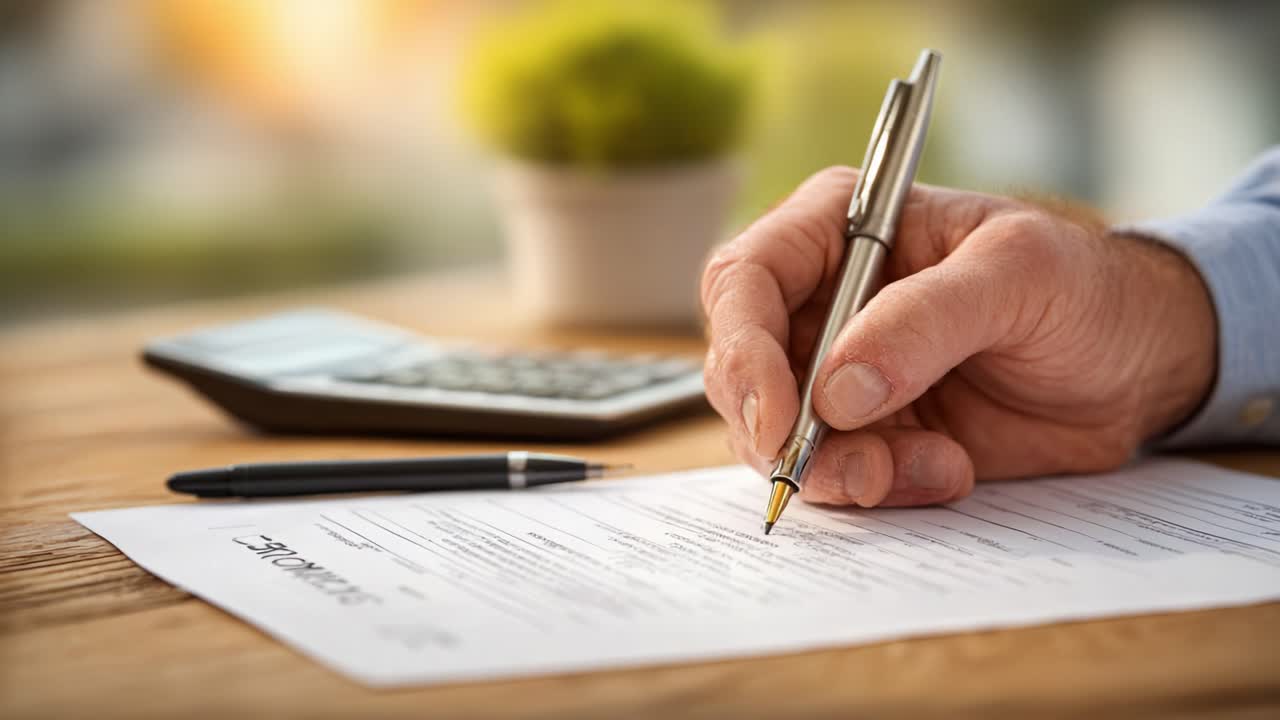 Captura del momento: Un primer plano de una mano firmando documentos importantes con un bolígrafo, con un fondo desenfocado de una calculadora y una planta en maceta.