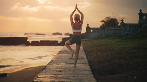 behind woman doing tree pose vrikshasana with tropical sunset, yoga concept