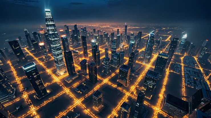 Futuristic Cityscape with Glowing Grid at Night