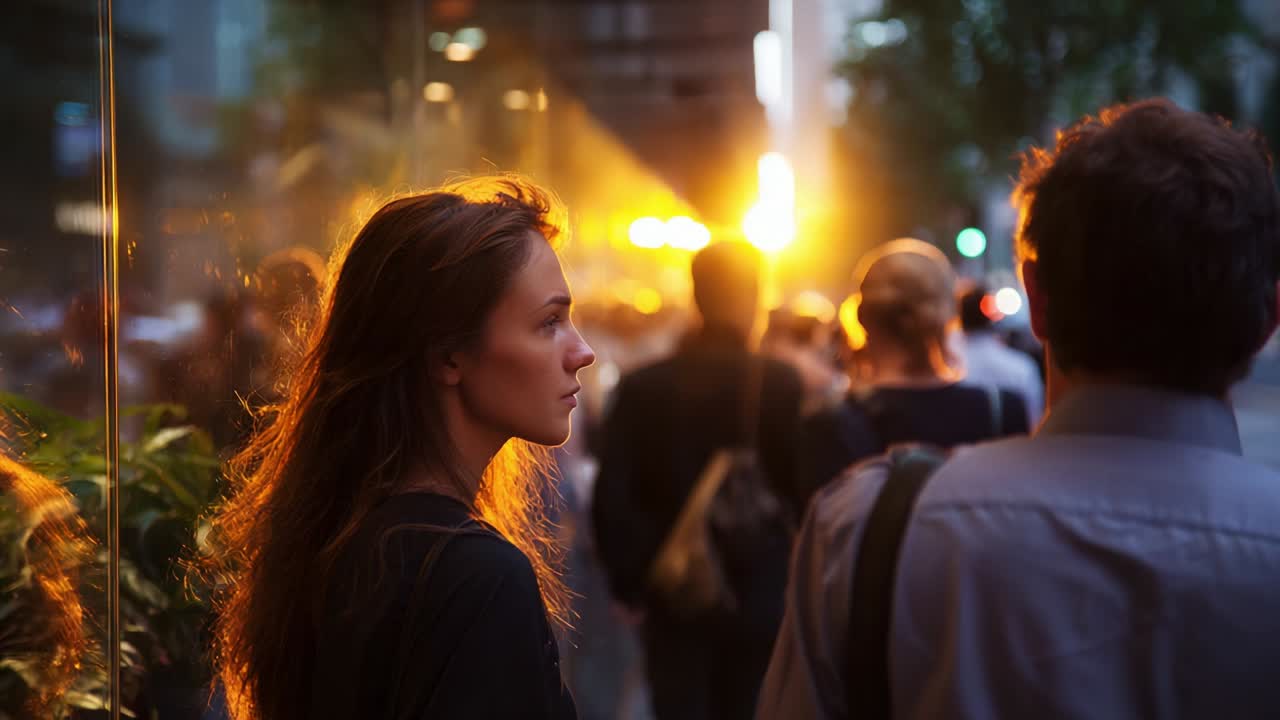 A Serene Woman in the City Streets Embracing the Warmth of Sunset as People Pass By in a Vibrant Urban Environment, Capturing the Essence of Daily Life and Transience with Glowing Light and Soft Shadows
