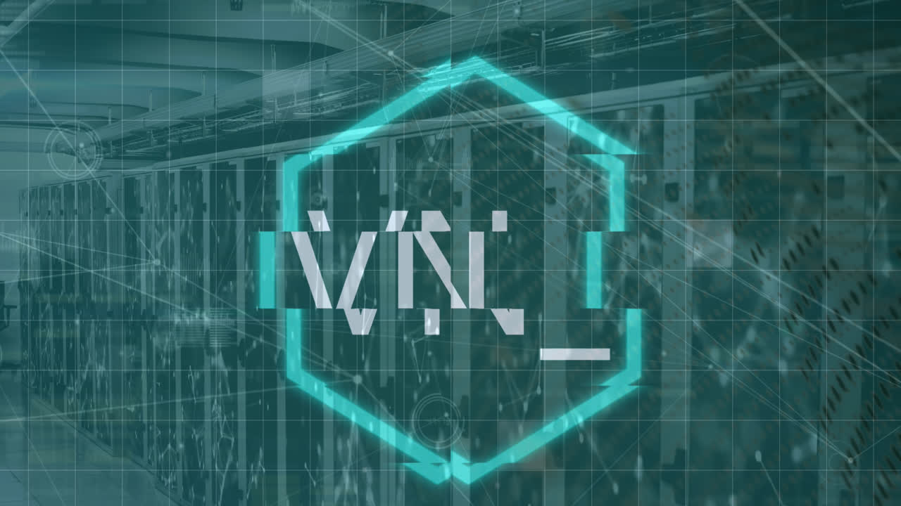 Animation of nft text and data processing over server room and globe