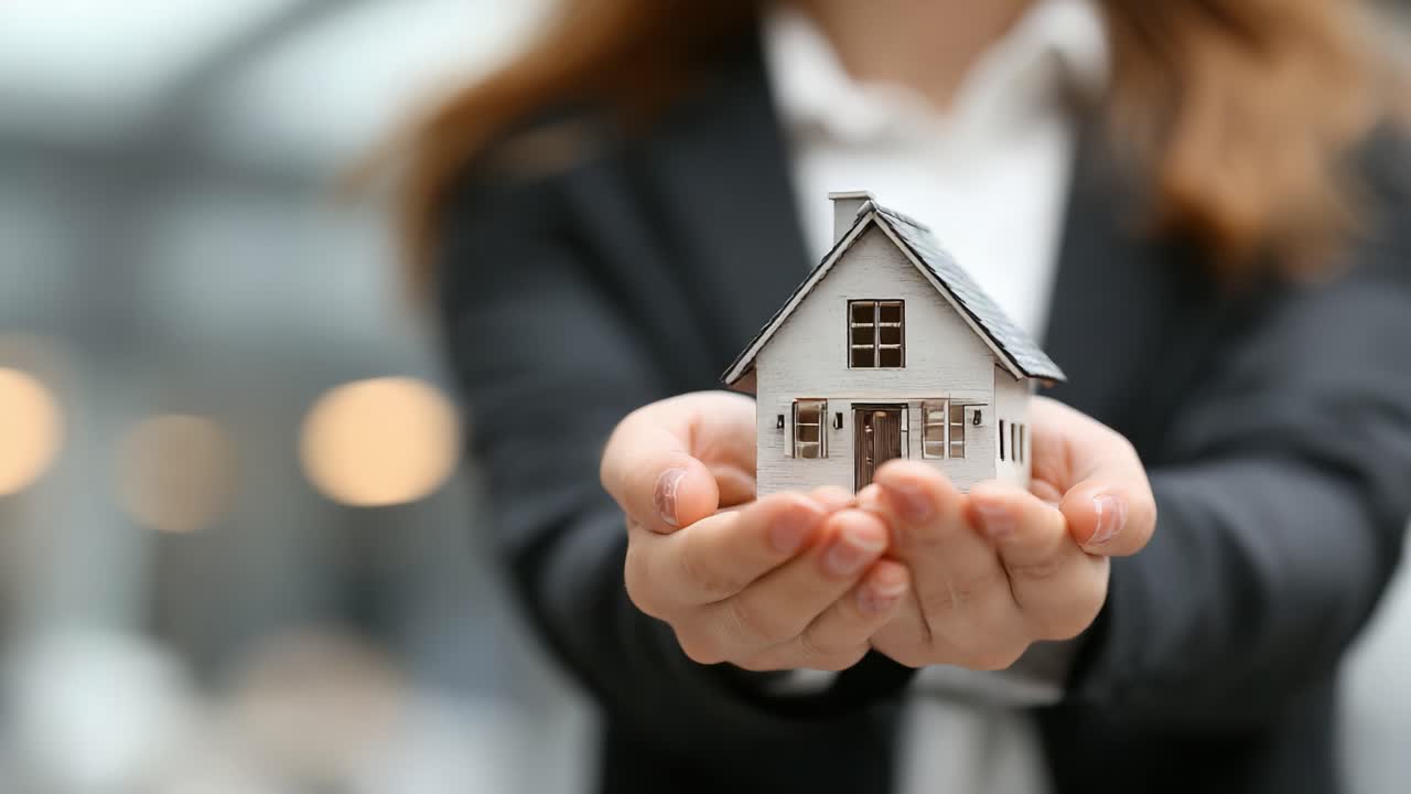 Un individuo seguro sosteniendo una pequeña casa modelo, simbolizando la inversión inmobiliaria y la propiedad de vivienda, mostrando profesionalismo y aspiraciones en la gestión de propiedades.