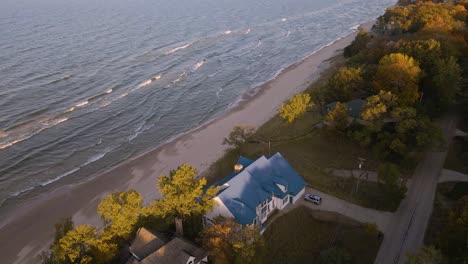 autumn leaves on the shore of lake michigan in grand haven