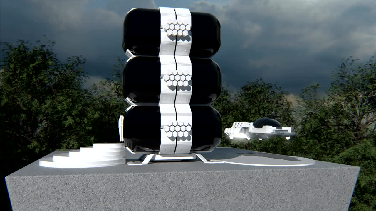 una casa futurista con un coche volador.