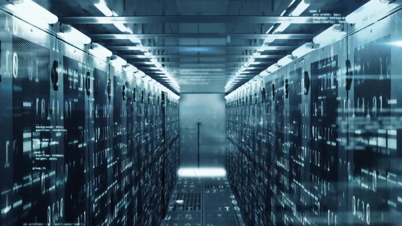 Animation of data processing and binary coding against computer server room