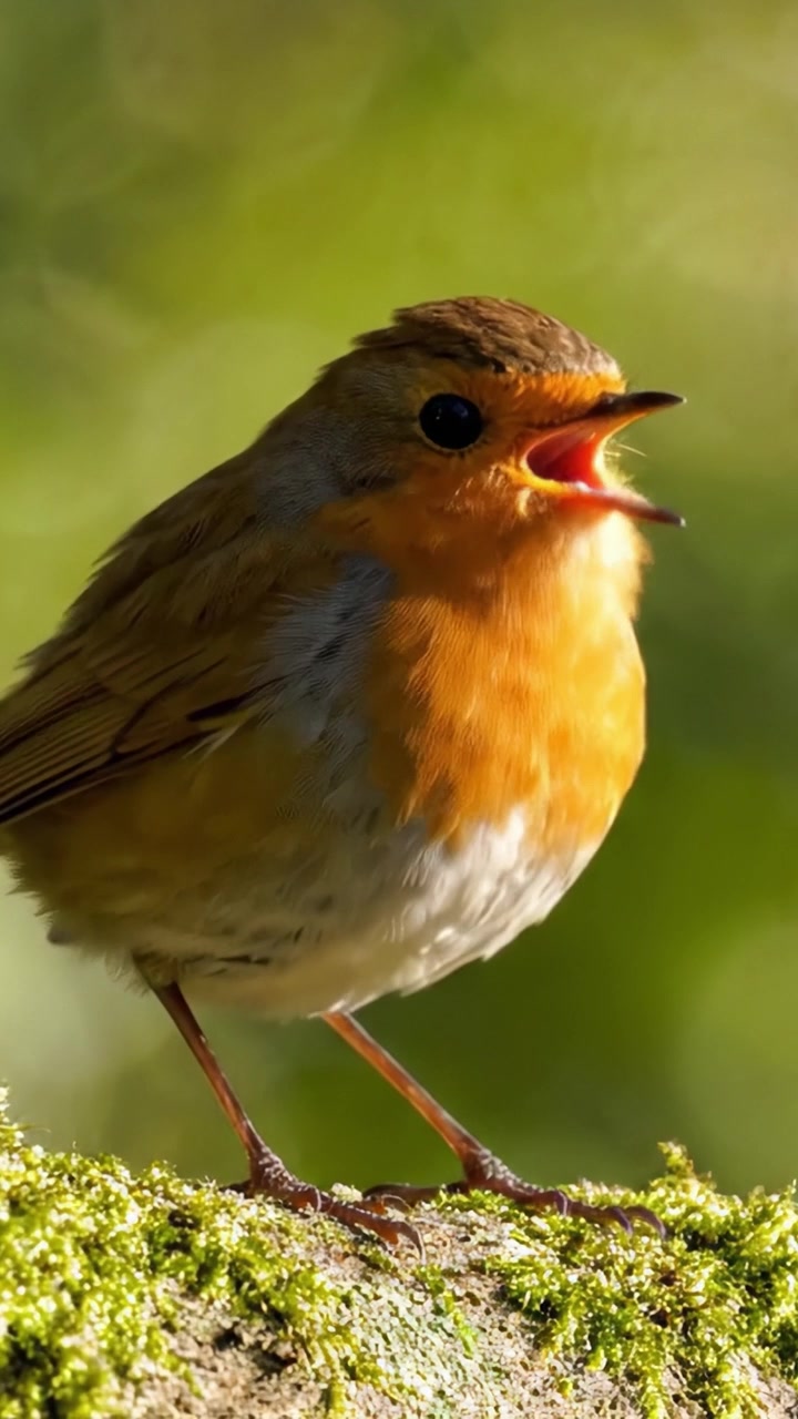 Una Vista Ravvicinata di un Affascinante Uccello dal Petto Arancione Appollaiato su una Superficie Muschiosa, Che Mostra le Sue Caratteristiche Uniche nella Splendida Illuminazione della Natura