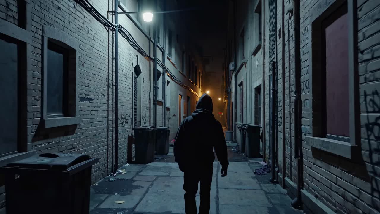 Scena urbana notturna e suggestiva, ripresa da un angolo basso. Una figura solitaria cammina in un vicolo scarsamente illuminato