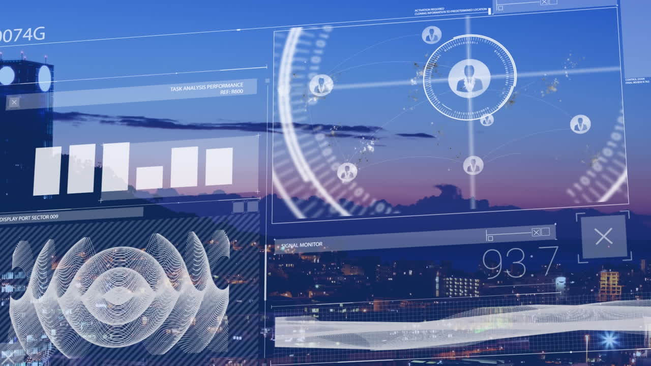 animazione dell'elaborazione dei dati computazionali su cityscape.