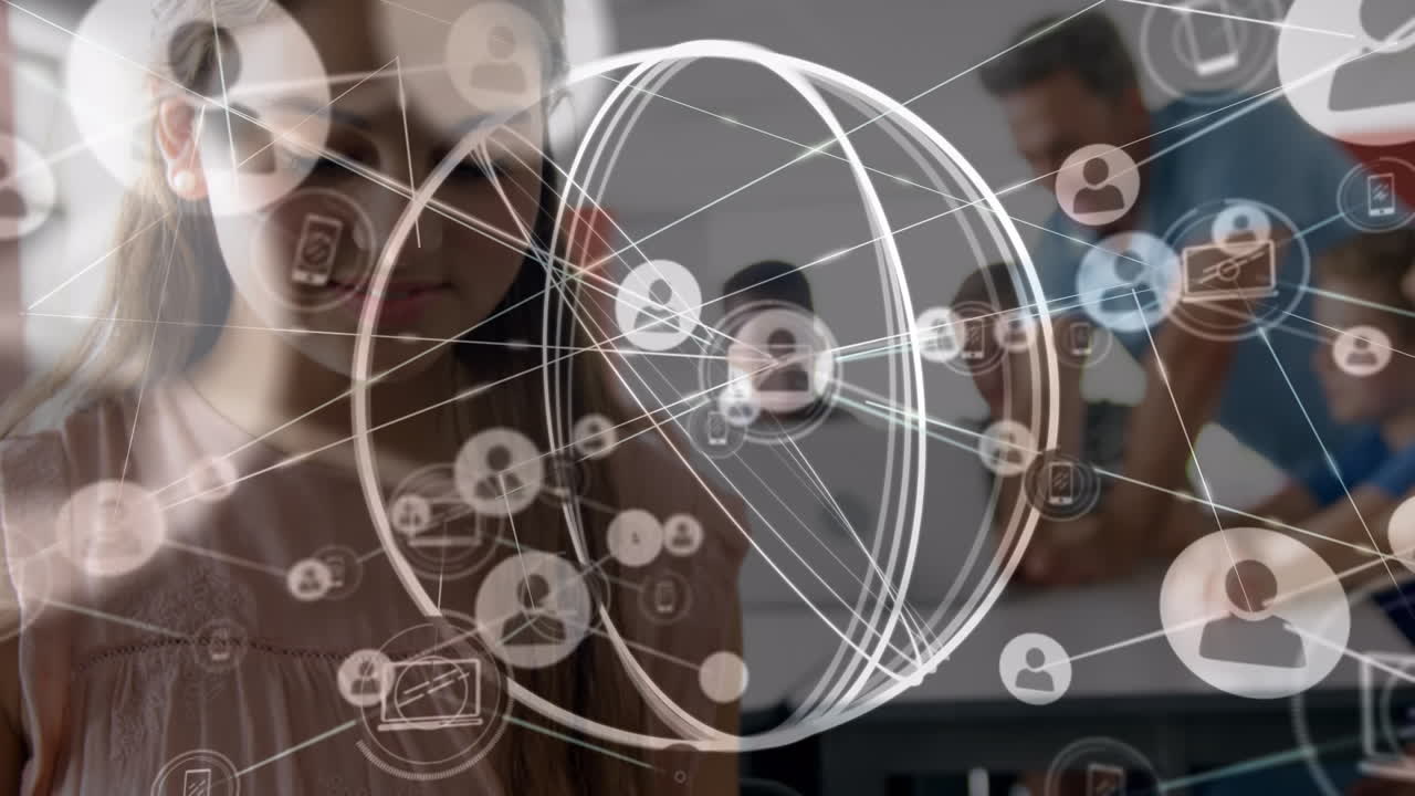 다양한 학생들과 교사들에 대한 아이콘과  ⁇  서클로 연결된 네트워크의 애니메이션