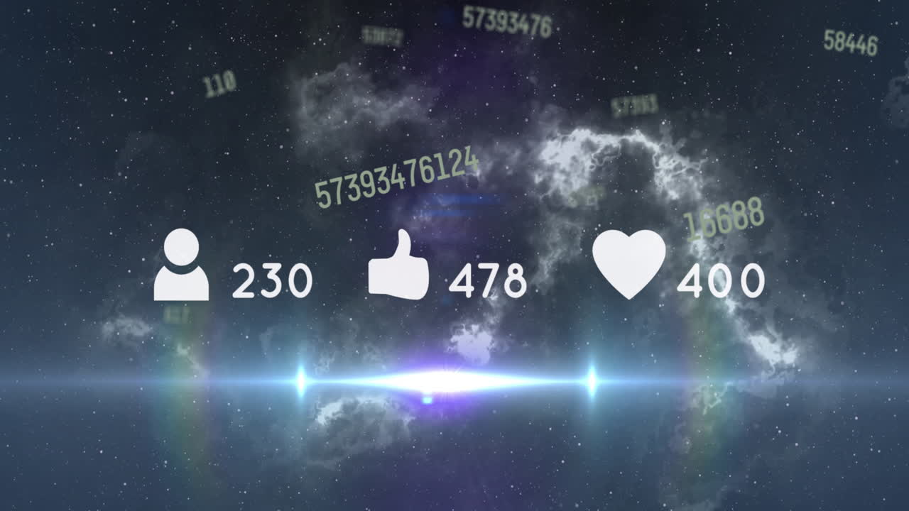 animación de iconos de redes sociales y números que se mueven en nubes en el fondo