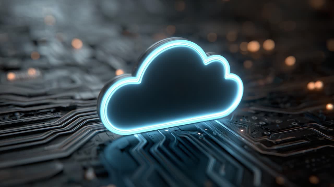 Un simbolo di una nuvola illuminata su uno sfondo di un circuito digitale, che rappresenta la tecnologia moderna, l'archiviazione dei dati e la connettività virtuale in un design elegante
