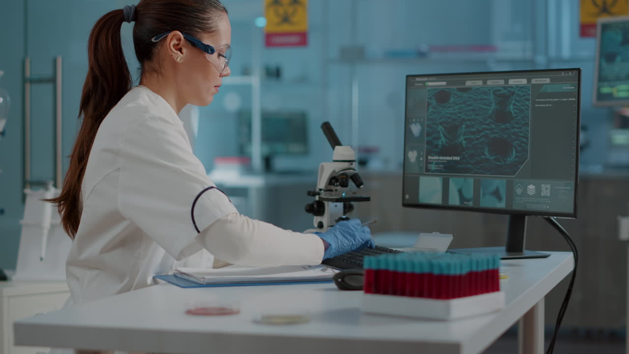 Biology researcher using computer and taking notes