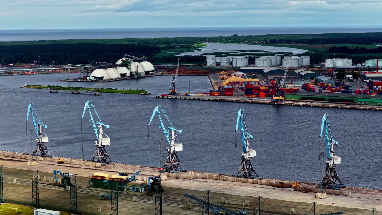 Water system in an industrial site by a river in South America. Aerial view