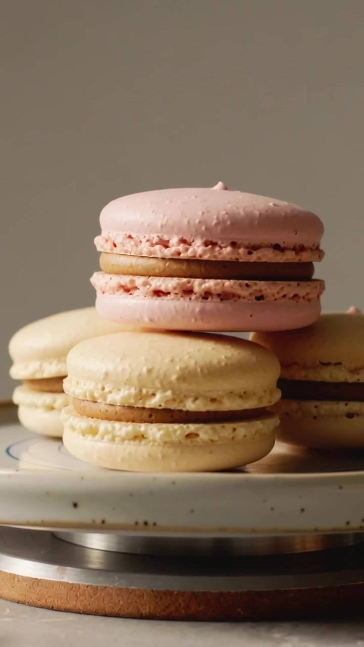 Vertical video: Rotating turntable showing macarons on speckled plate, studio showcasing texture
