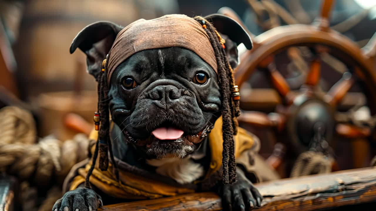 Pirate Frenchie at sea. A french bulldog wears a pirate outfit, sitting at a ship's helm with barrels in the background, enjoying a sunny day
