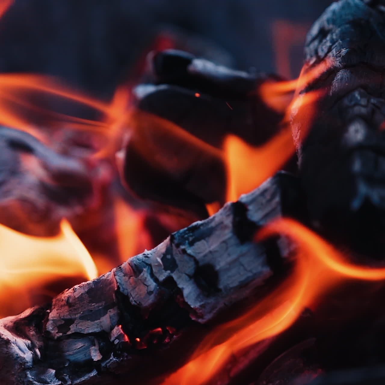 Close-up smoldered logs. Dark firewood glowing in campfire. Burning down logs in slow motion.
