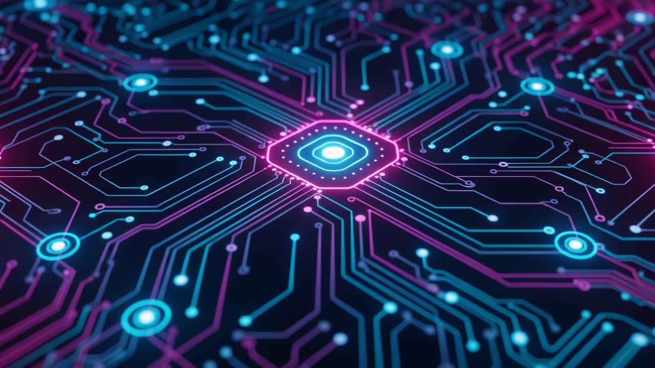 A Vivid Exploration of a High-Tech Circuit Board Design Featuring Intricate Patterns and Bright LED Elements Emphasizing Modern Digital Technology