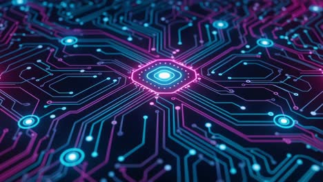 a vivid exploration of a high-tech circuit board design featuring intricate patterns and bright led elements emphasizing modern digital technology