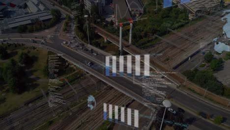 animation of statistical data processing against aerial view of city traffic