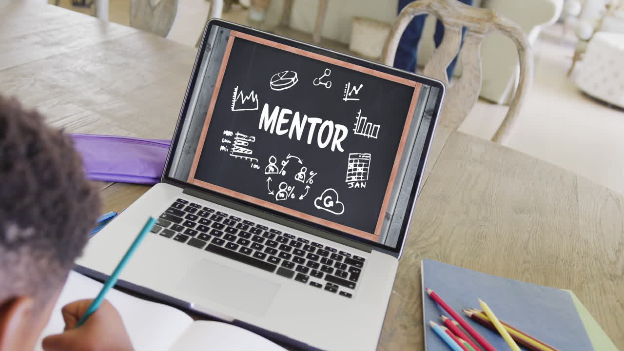 Composition of african american boy on laptop online learning with text on screen