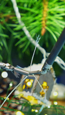 metal cyborg decorating christmas tree while preparing to the holidays. cropped view. robotic industry concept. vertical video