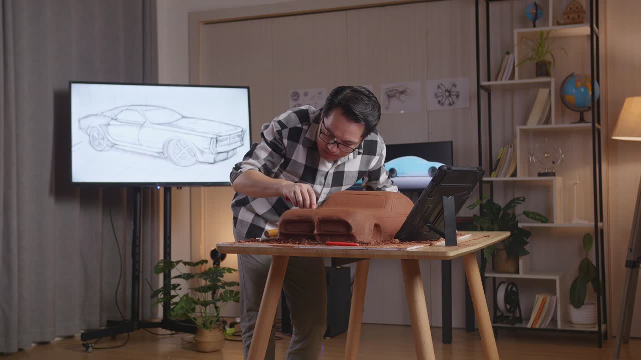 hombre asiático diseñador de automóviles mirando una tableta y usando rastrillo o alambre para suavizar la superficie y crear detalles en la escultura de arcilla de automóvil en el estudio