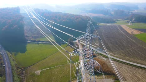 aerial detailed view on electricity pole and wires