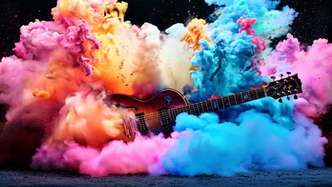 a guitar is shown in a colorful explosion of smoke and fire. the guitar is surrounded by a lot of colorful smoke and fire, giving the impression of a powerful and energetic performance