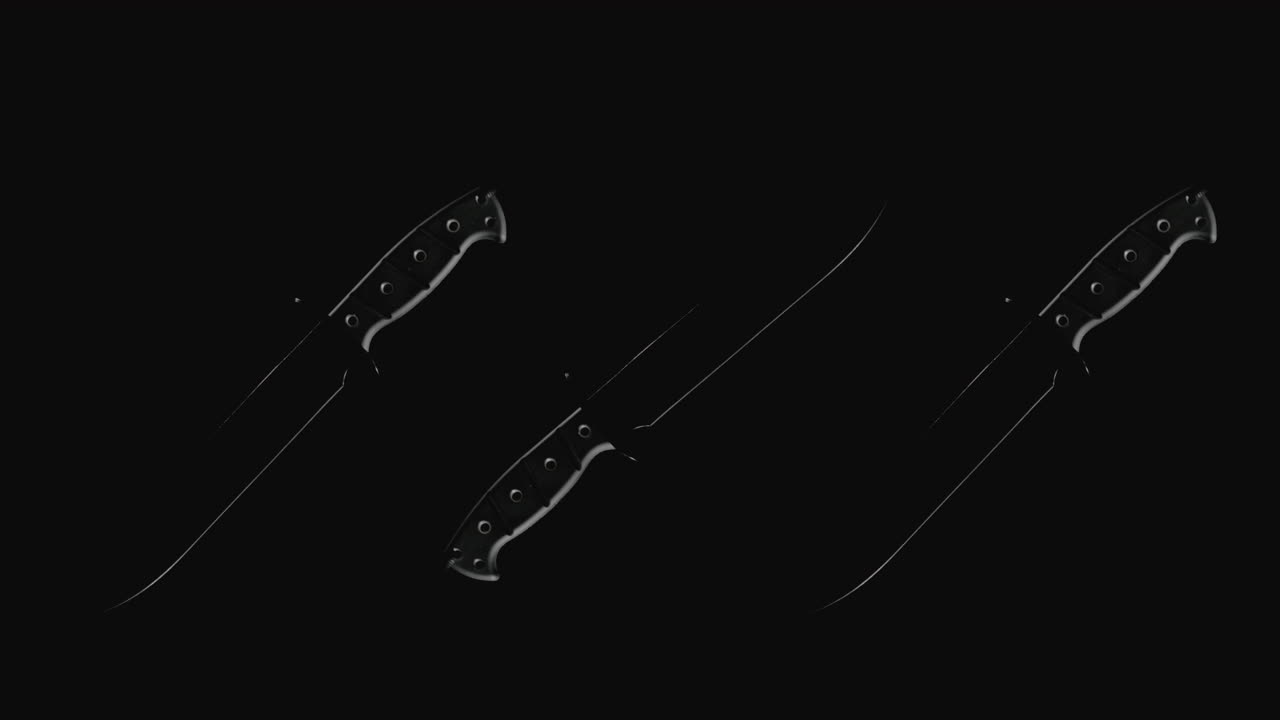 Knives on the dark background and in blinking light rotate in slowmotion