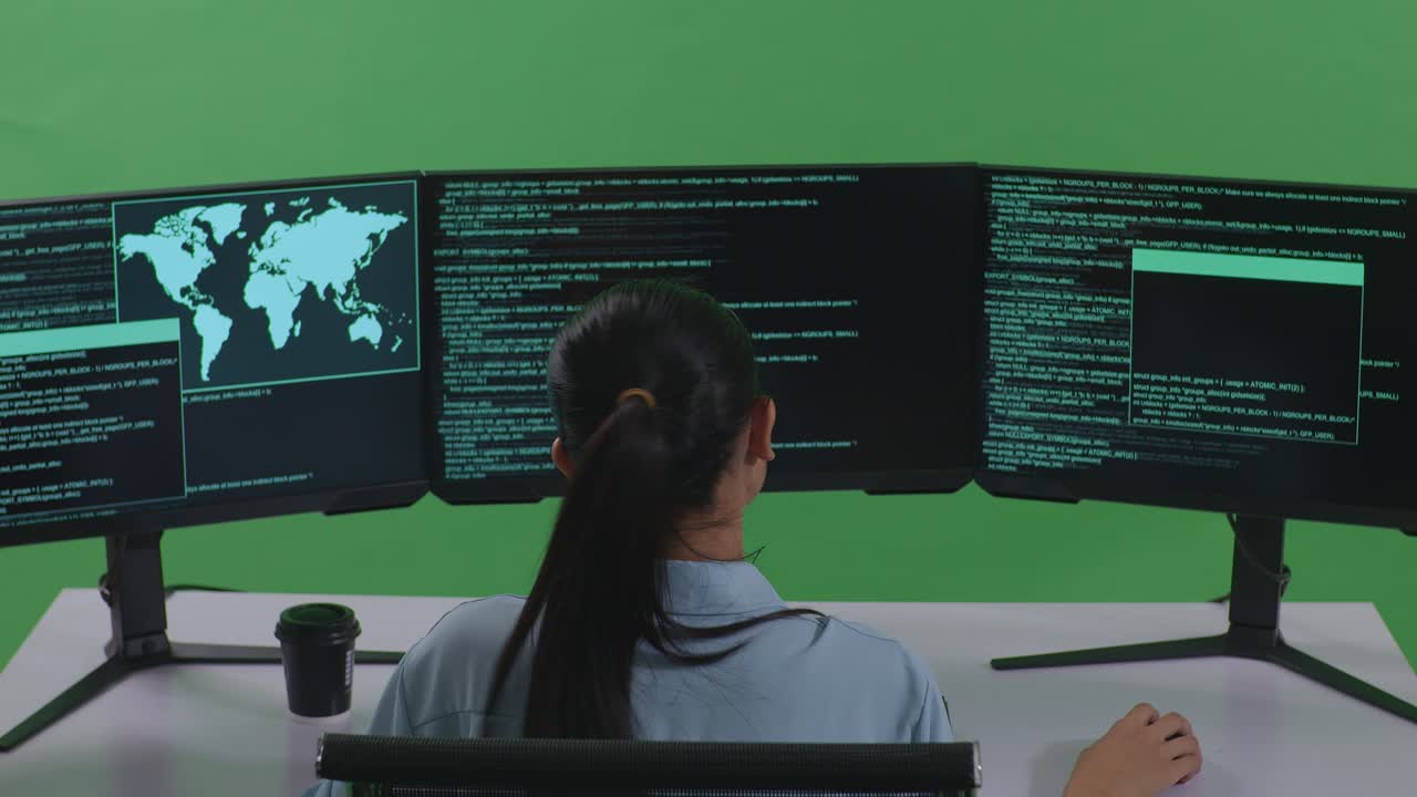 Vista posteriore di una sviluppatrice asiatica con mal di testa mentre scrive codice con più schermi di computer in uno studio green screen.