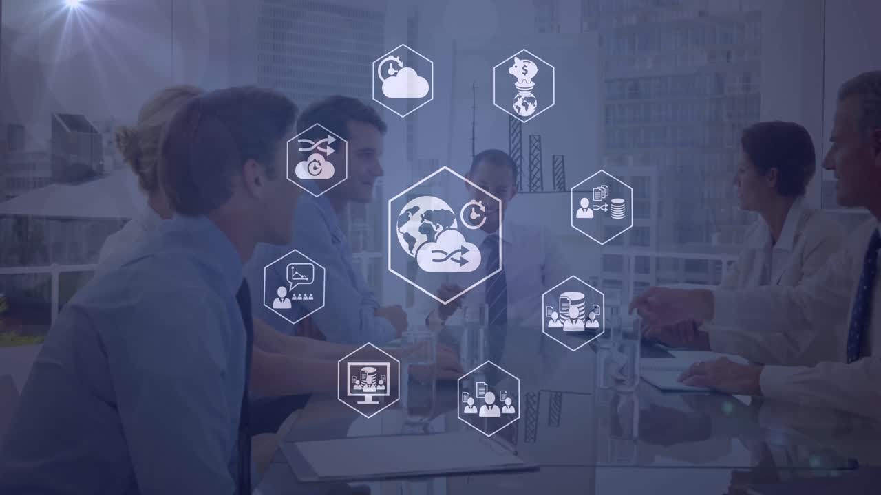 animación de una red de iconos digitales sobre diversos empresarios que se dan la mano