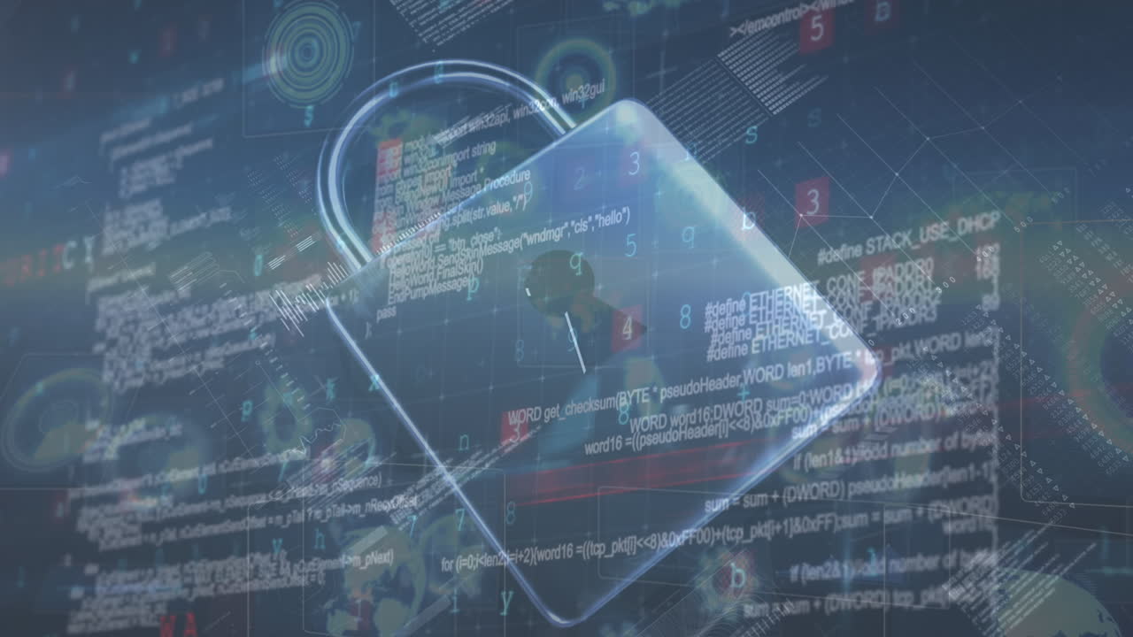 animación del candado de seguridad sobre el procesamiento de datos en fondo oscuro