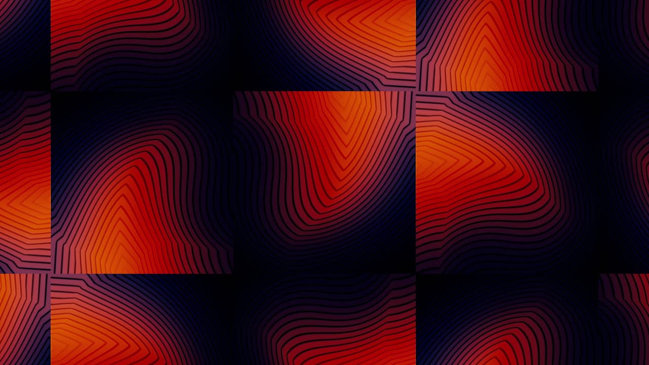Abstract geometric pattern with lines and waves in orange, red, and purple colors on black background