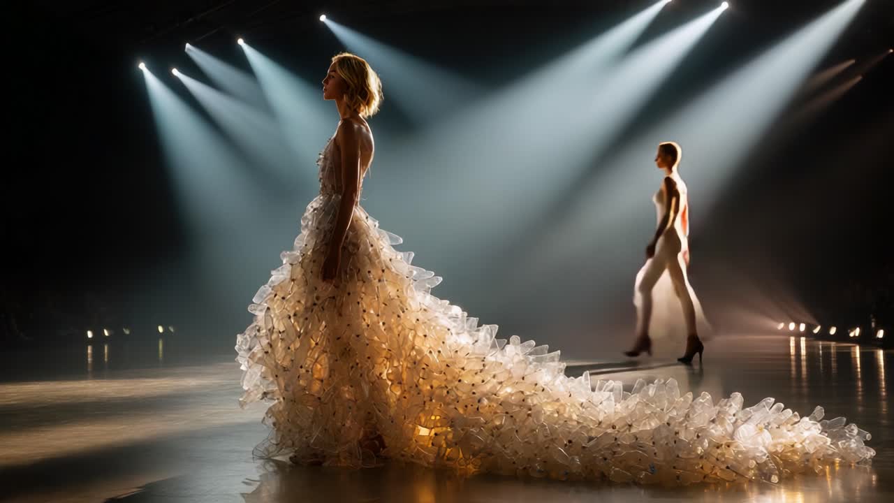 A stunning fashion moment featuring a model in a breathtaking gown crafted from intricate materials, illuminated by dramatic stage lighting, showcasing elegance and creativity on the runway