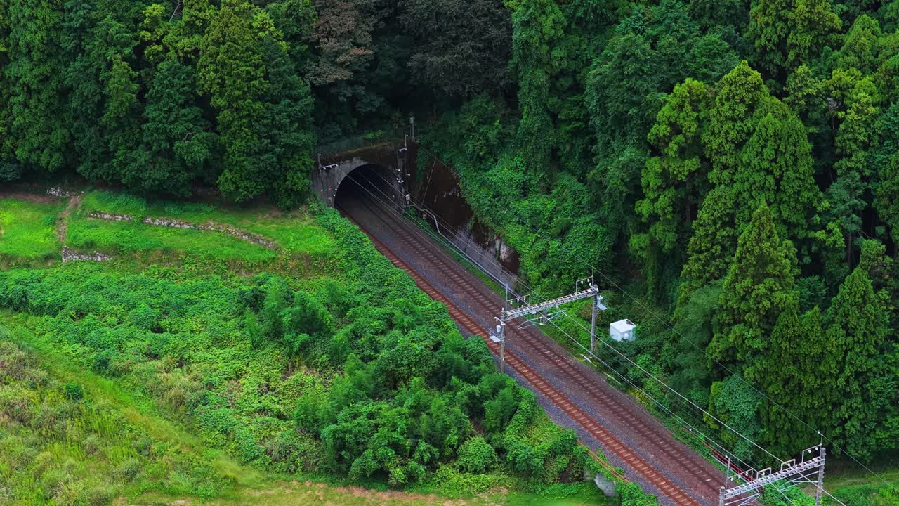 Train Enters Tunnel in Countryside Mountain, High Angle View 4k
