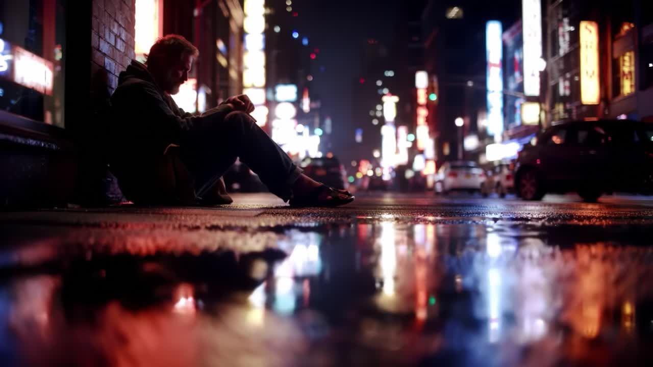 A solitary figure sits against a vibrant, illuminated urban backdrop at night, reflecting the stark contrast between light and darkness in a bustling city environment.