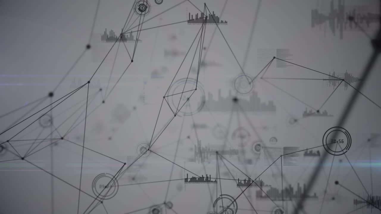 Animation of network of connections with data processing on grey background